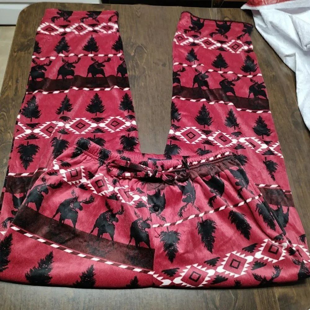 New Preswick & Moore Burgundy Moose Trees Silky Fleece Sleep Pants size Men's L